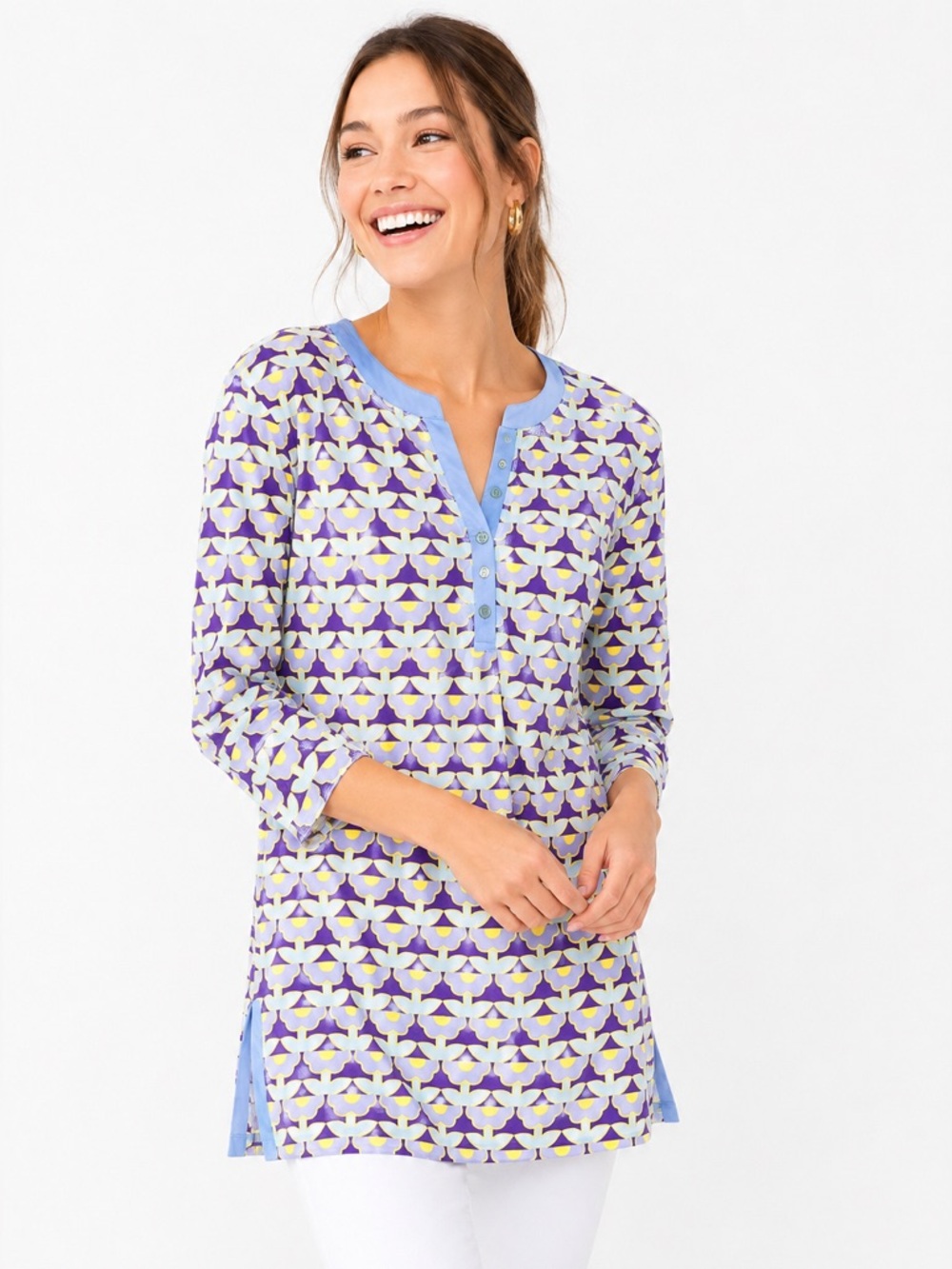 J.McLaughlin Catalina Cloth Geometric Tunic Top Purple Blue 3/4 Sleeve Preppy M